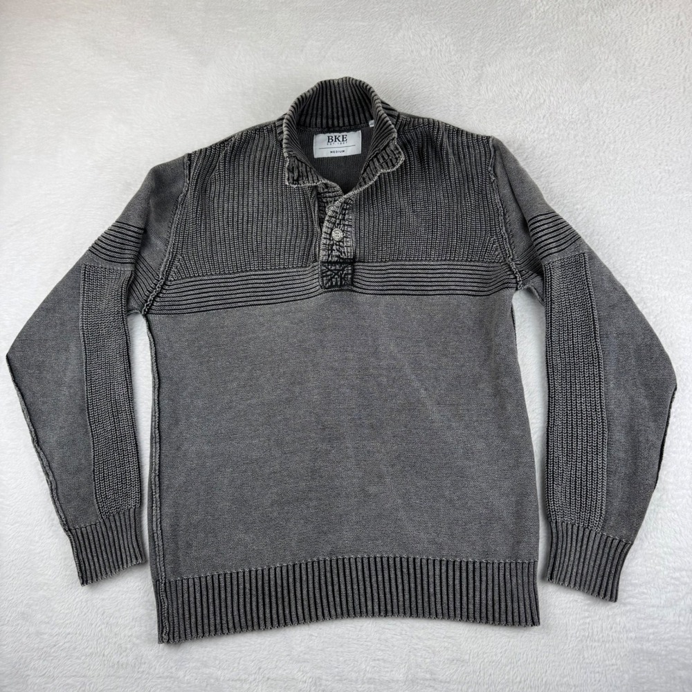 BKE Henley Sweater Mens Medium Grey Acid Wash Mock Neck Textured Knit